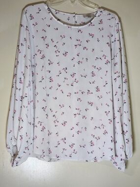 Loft Women's White Cottagecore Floral Long-Sleeve Top - Pink Accent L